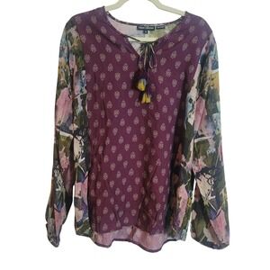 Tolani Collection Women's Boho Print Tassel Blouse Long Sleeve Top Size Medium